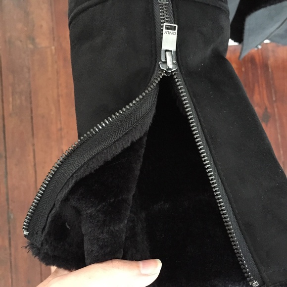 Long Faux Shearling Contrast Biker Coat by Only - Picture 10 of 13